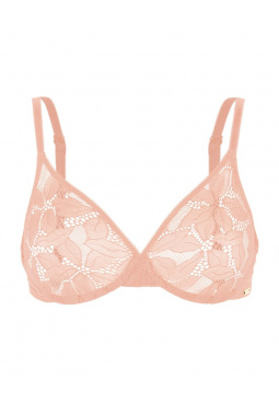 Glossies Lotus Sheer Moudled Bra -Cafe Creme. Sheer bra with vintage style lace, Gossard luxury lingerie, front bra cut out
