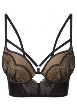 VIP Captivate Longline Padded Plunge Bra-Black/ Nude. Graduated Padded cups bra, Gossard luxury lingerie, front bra cut out
