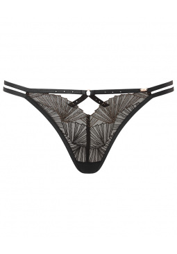 VIP Captivate Strappy Thong - Black/ Nude. Lurex Art Deco inspired embroidery thong, Gossard lingerie, front thong cut out
