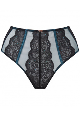 VIP Confession Brazilian High Waisted- Black/Teal. Soft-sheen satin with sheer back, Gossard lingerie, front brief cut out
