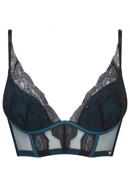 VIP Confession Longline Padded Plunge Bra- Black/Teal. Soft-sheen satin with stretchlace , Gossard lingerie, front bra cut out
