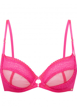 Envy Non Padded Plunge Bra - Pink Glo. Semi sheer bra with lace and mesh layered panel, Gossard lingerie, front bra cut out
