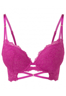 Suspense Longline Bra - Fuchsia. Bra with lace detail and criss cross front design, Gossard lingerie, front bra cut out
