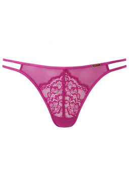 Suspense Thong- Fuchsia. Stretch lace made with recycled yarns, Gossard luxury lingerie, front thong cut out
