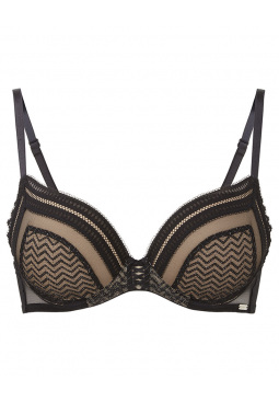 Contradiction Padded Plunge Bra- Black/Silver. Graphic lace with lurex detailing bra , Gossard lingerie , front bra cut out
