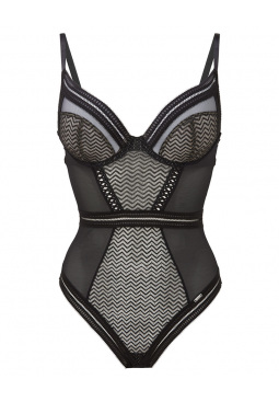 Contradiction Body - Black/Silver. Graphic lace with lurex detailing body, Gossard luxury lingerie, front body cut out
