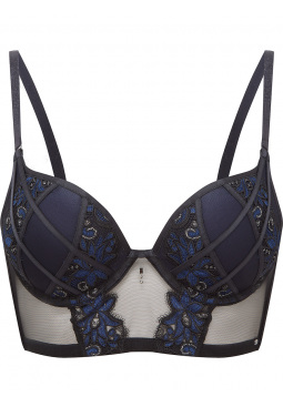 VIP Rapture Longline Padded Plunge Bra in Black with exclusive guipure embroidery. Gossard lingerie, front bra cut out
