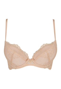 Superboost Lace Plunge Bra - Nude. A perfect fit padded underwired bra. Gossard luxury lace lingerie, front product cut out
