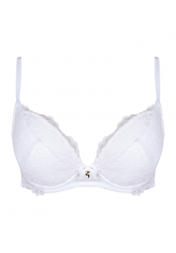 Superboost Lace Plunge Bra - White. A perfect fit padded underwired bra. Gossard luxury lace lingerie, front product cut out
