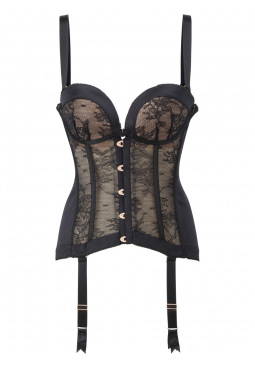 Retrolution Corset-Black. Fine and delicate lace design on both the front and back, Gossard lingerie, front corset cut out
