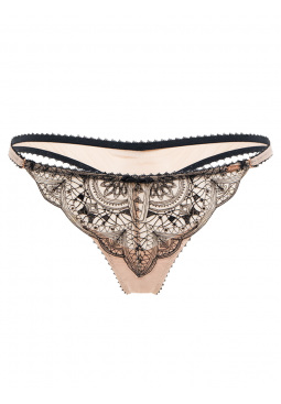 VIP Henna Thong-Black/Nude. Thong with intricate embroidery emulating a Henna tattoo, Gossard lingerie, front thong cut out
