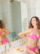 Envy Non Padded Plunge Bra - Pink Glo. Semi sheer bra with lace and mesh layered panel, Gossard lingerie, side hero model
