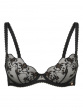 VIP Taboo Non Padded Balcony Bra in Black with intricate embroidery and sheer body. Gossard lingerie, front bra cut out
