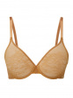 Glossies Lace Sheer Moulded Bra -Spiced Honey. Moulded lace sheer bra, Gossard luxury lingerie, front bra cut out
