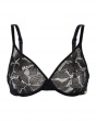 Glossies Lotus Sheer Moudled Bra -Black. Sheer bra with vintage style lace, Gossard luxury lingerie, front bra cut out
