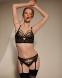 VIP Captivate Strappy Thong - Black/ Nude. Lurex Art Deco inspired embroidery thong, Gossard lingerie, front hero model
