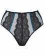 VIP Confession Brazilian High Waisted- Black/Teal. Soft-sheen satin with sheer back, Gossard lingerie, front brief cut out
