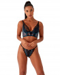VIP Confession Strappy Thong- Black/Teal. Soft-sheen satin with stretchlace thong, Gossard lingerie, thong front model
