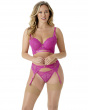 Suspense Thong- Fuchsia. Stretch lace made with recycled yarns, Gossard luxury lingerie, DD+ thong front model
