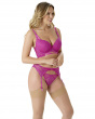 Suspense Thong- Fuchsia. Stretch lace made with recycled yarns, Gossard luxury lingerie, DD+ thong side model
