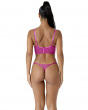 Suspense Thong- Fuchsia. Stretch lace made with recycled yarns, Gossard luxury lingerie, thong back model
