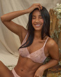 Glossies Lotus Sheer Moudled Bra -Cafe Creme. Sheer bra with vintage style lace, Gossard luxury lingerie, front hero model
