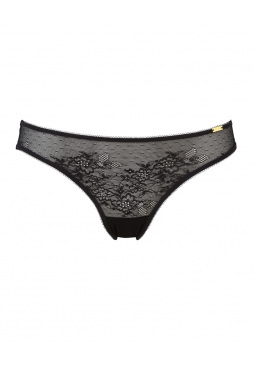 Glossies Lace Brief - Black. Sheer mesh brief with delicate floral lace , Gossard luxury lingerie, front brief cut out
