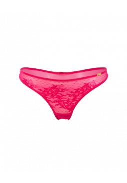 Glossies Lace Thong  - Hot Pink . Sheer mesh thong with delicate floral lace, Gossard luxury lingerie, front thong cut out

